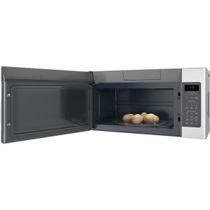 GE microwave with view of opened door and kept some food items in a plate