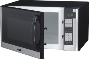 Oster OGG61403-B 1.4-Cubic Foot Digital Microwave Oven, Stainless Steel when door half opened