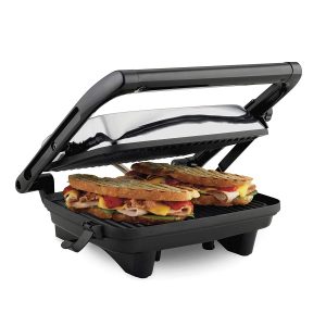 Hamilton Beach Electric Panini Press Grill with Locking Lid, Opens 180 Degrees for Any Sandwich Thickness (25460A) Nonstick 8" x 10" Grids Chrome Finish