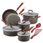 Rachael Ray Cucina Hard-Anodized Aluminum Nonstick Cookware Set, 12-Piece, Gray, Cranberry Red Handles