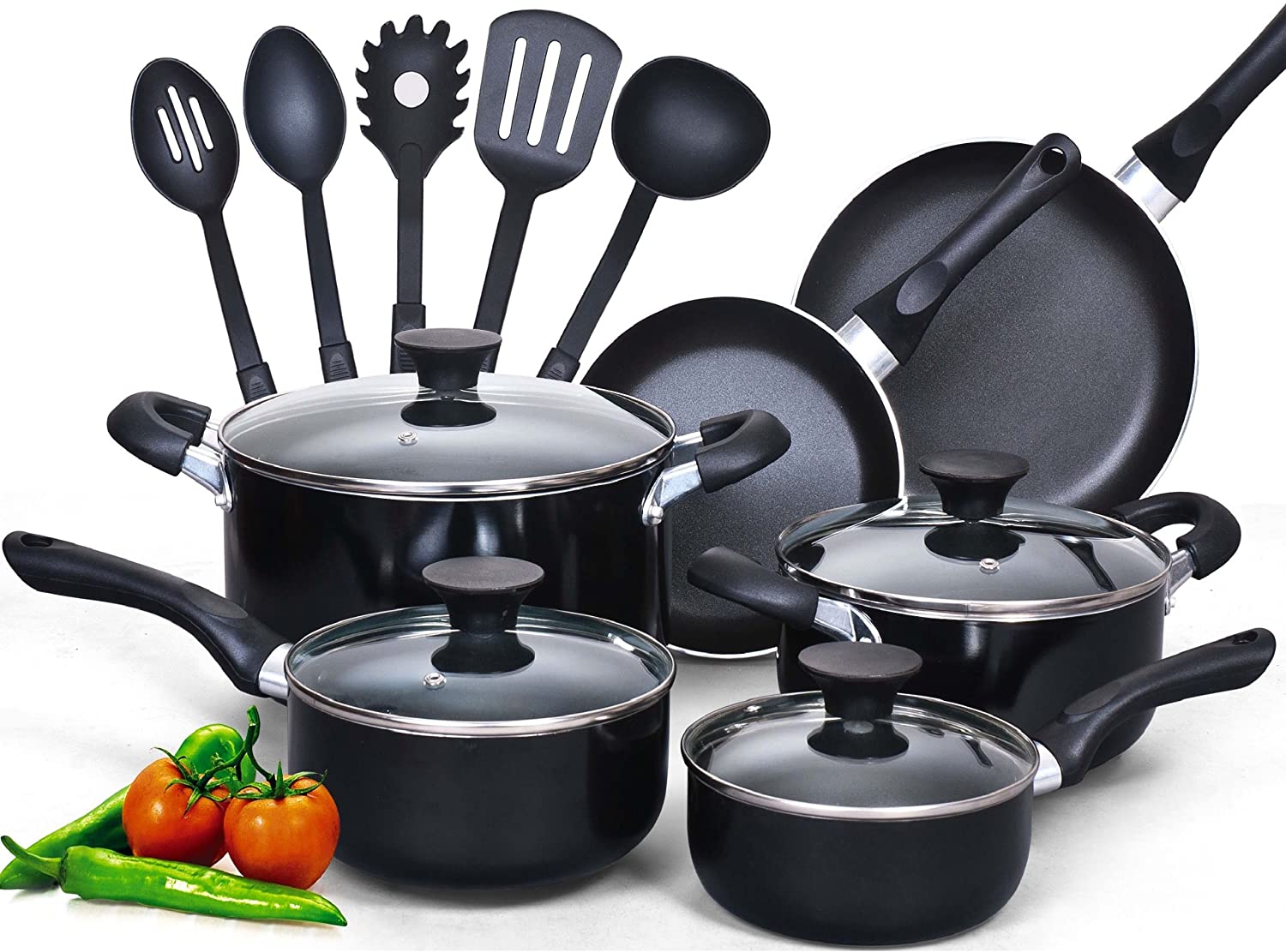 Cook N Home 15Piece Nonstick Stay Cool Handle Cookware Set, Black