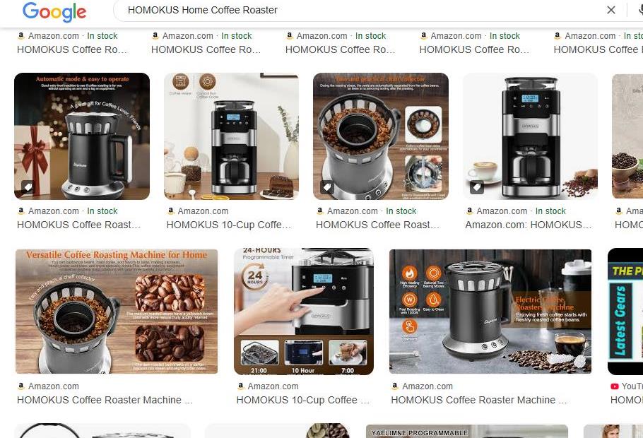 HOMOKUS Coffee Roaster and Maker Products Displayed in Google Search