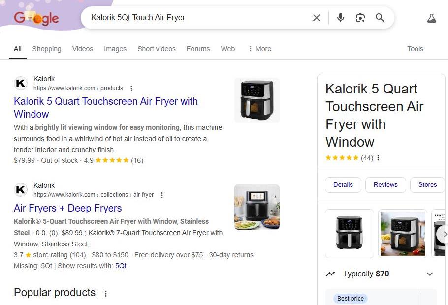 Google Search Results for Kalorik 5Qt Touch Air Fryer