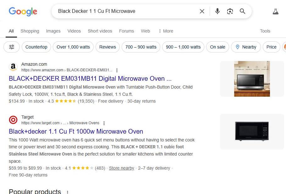 Black+Decker 1.1 Cu Ft Microwave Search Results