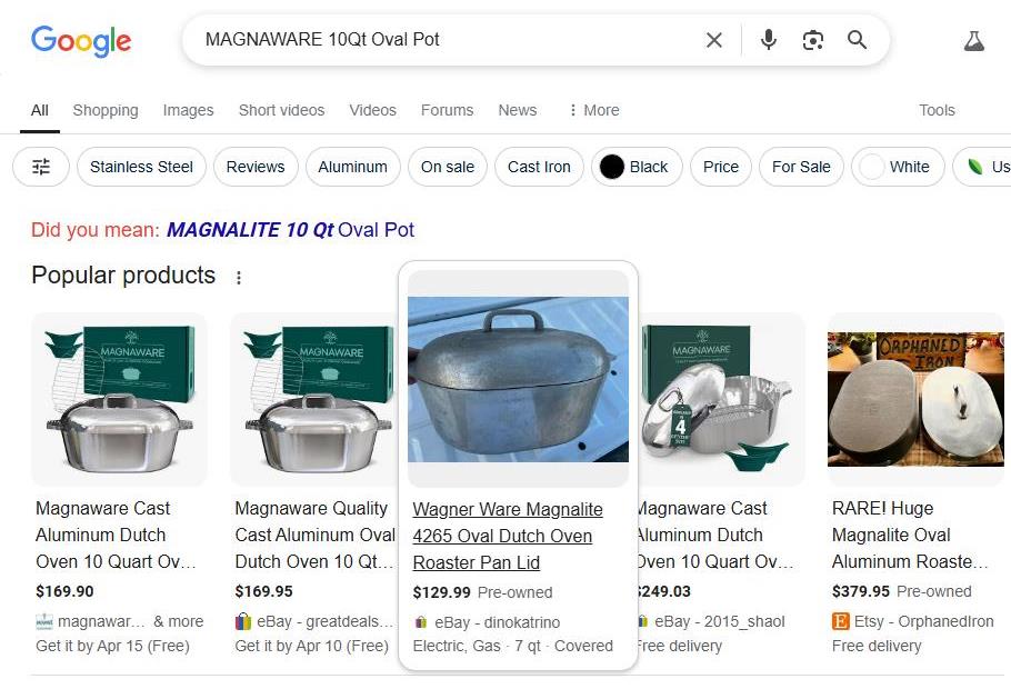 Google Search Results for MAGNAWARE 10Qt Oval Pot