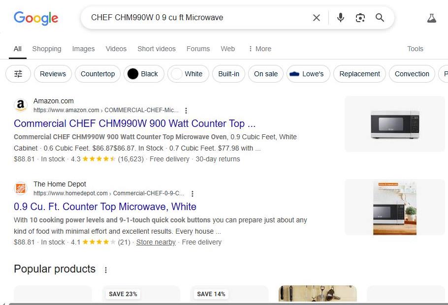 Google Search Results for a CHEF Microwave