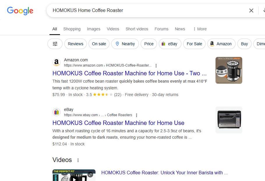Google Search Results for HOMOKUS Home Coffee Roaster