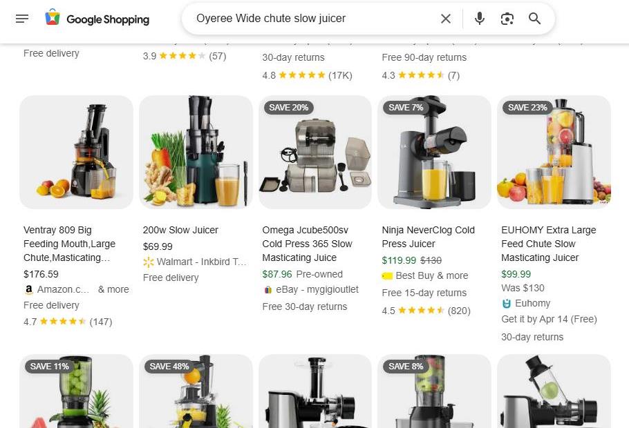 Google Shopping Results for 'Oyeree Wide Chute Slow Juicer'