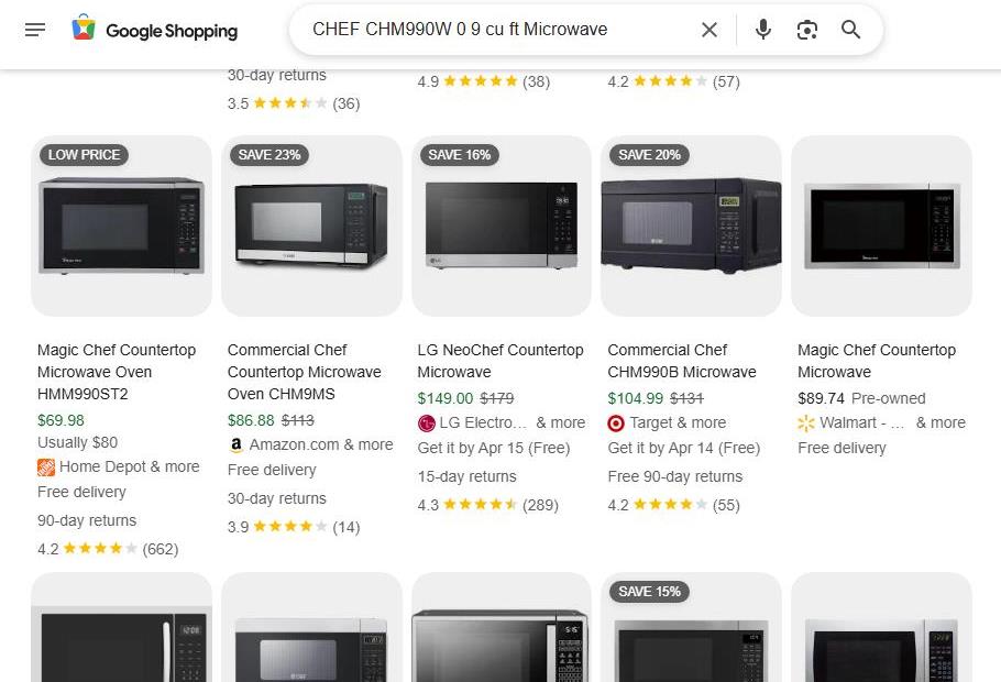 Google Shopping Results for a Microwave