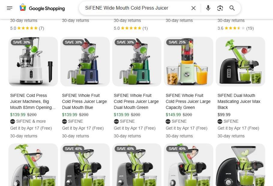 Juicers Galore: SiFENE Cold Press Options on Google Shopping