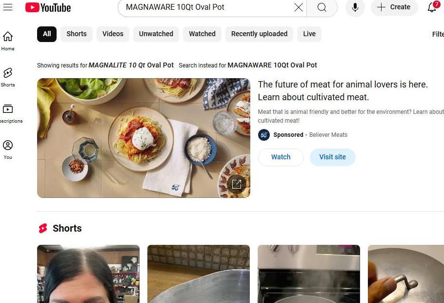 YouTube Search for MAGNAWARE 10Qt Oval Pot Shows Sponsored Ad